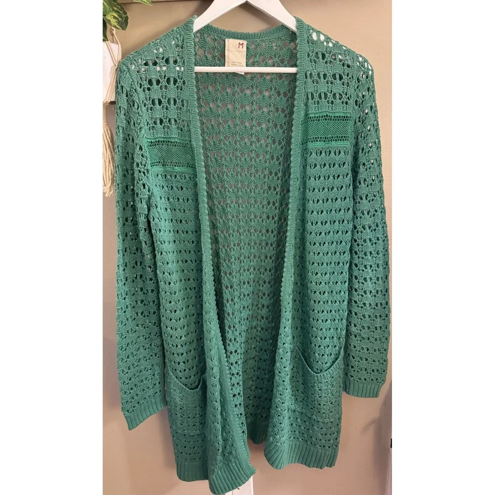 Anthropologie Far Away From Close Green Crochet Knit Open Cardigan Sweater M
